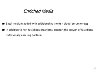 Enriched Media
▰ Basal medium added with additional nutrients - blood, serum or egg
▰ In addition to non-fastidious organi...