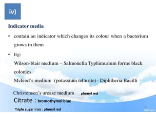 phenyl red
Citrate : bromothymol blue
Triple sugar iron : phenyl red
iv)
 