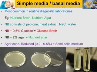 Simple media / basal media
• Most common in routine diagnostic laboratories
Eg: Nutrient Broth, Nutrient Agar
• NB consists of peptone, meat extract, NaCl, water
• NB + 0.5% Glucose = Glucose Broth
• NB + 2% agar = Nutrient agar
• Agar conc. Reduced (0.2 - 0.5%) = Semi-solid medium
 