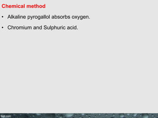 Chemical method
• Alkaline pyrogallol absorbs oxygen.
• Chromium and Sulphuric acid.
 