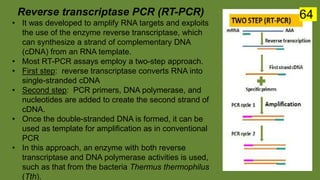Reverse transcriptase PCR (RT-PCR)
• It was developed to amplify RNA targets and exploits
the use of the enzyme reverse transcriptase, which
can synthesize a strand of complementary DNA
(cDNA) from an RNA template.
• Most RT-PCR assays employ a two-step approach.
• First step: reverse transcriptase converts RNA into
single-stranded cDNA
• Second step: PCR primers, DNA polymerase, and
nucleotides are added to create the second strand of
cDNA.
• Once the double-stranded DNA is formed, it can be
used as template for amplification as in conventional
PCR
• In this approach, an enzyme with both reverse
transcriptase and DNA polymerase activities is used,
such as that from the bacteria Thermus thermophilus
(Tth).
64
 
