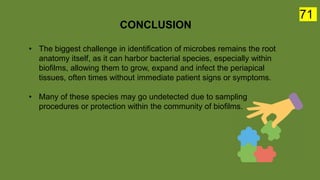 CONCLUSION
• The biggest challenge in identification of microbes remains the root
anatomy itself, as it can harbor bacterial species, especially within
biofilms, allowing them to grow, expand and infect the periapical
tissues, often times without immediate patient signs or symptoms.
• Many of these species may go undetected due to sampling
procedures or protection within the community of biofilms.
71
 