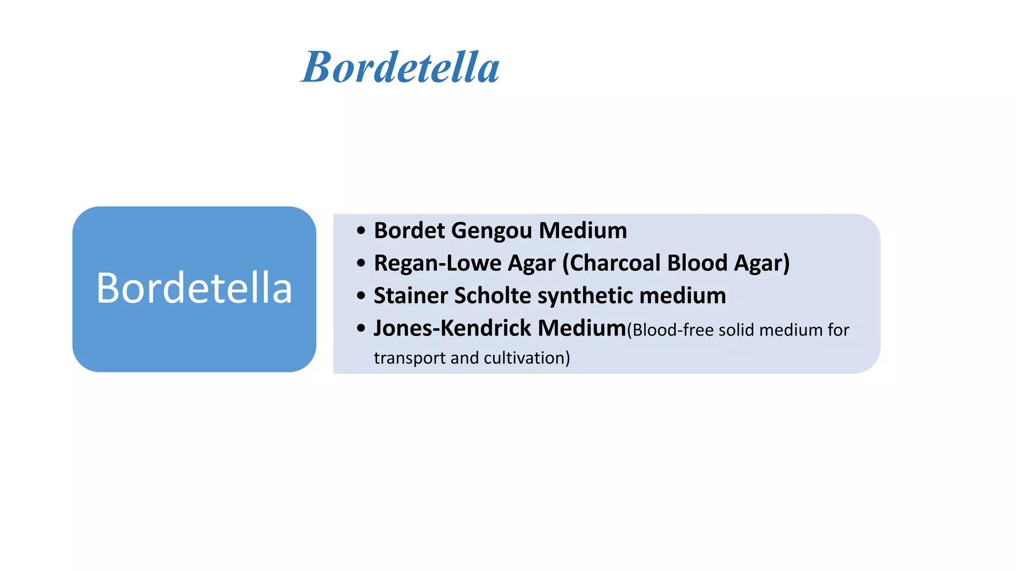 Bordetella
• Bordet Gengou Medium
• Regan-Lowe Agar (Charcoal Blood Agar)
• Stainer Scholte synthetic medium
• Jones-Kendrick Medium(Blood-free solid medium for
transport and cultivation)
Bordetella
 