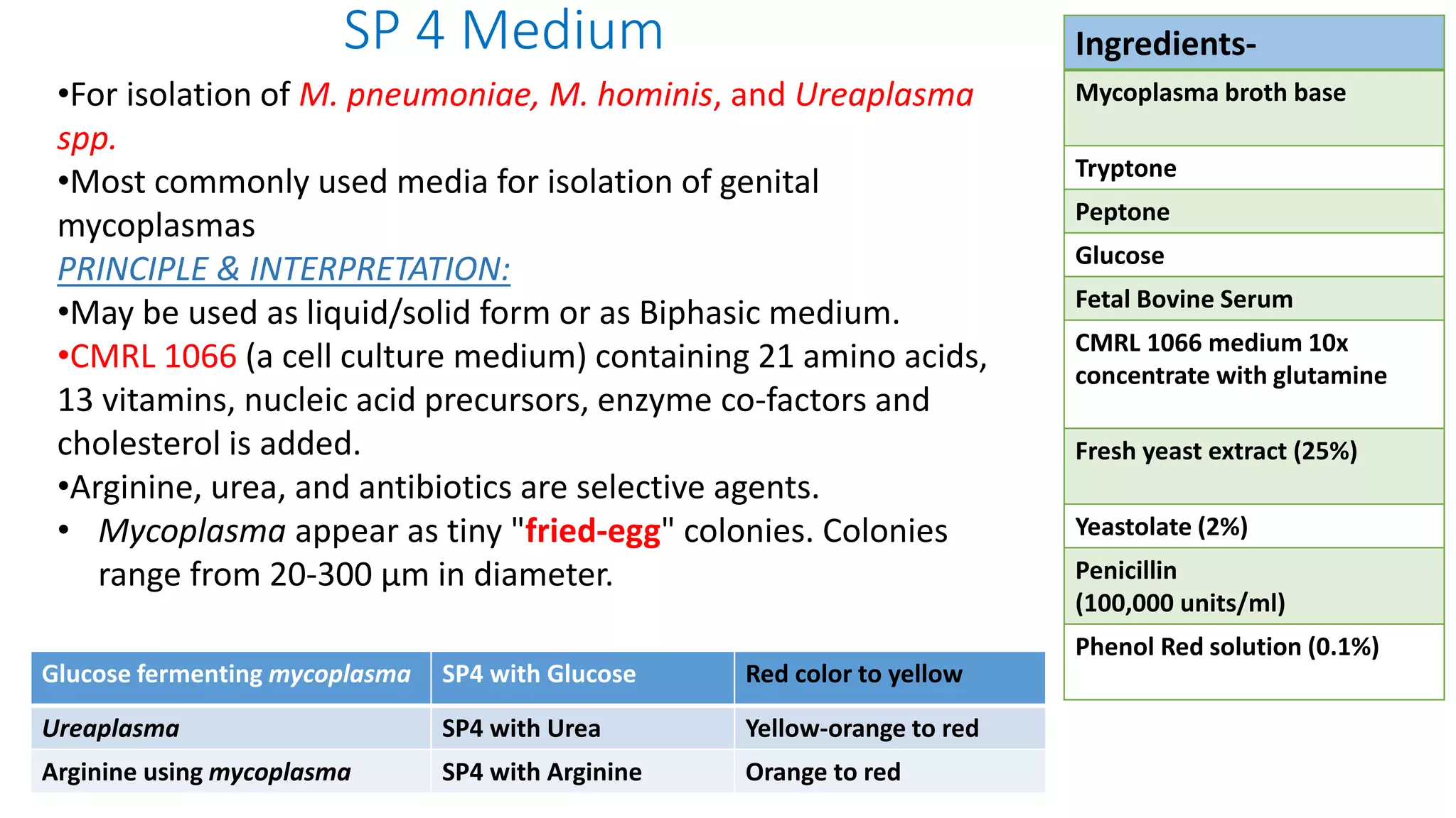 SP 4 Medium
•For isolation of M. pneumoniae, M. hominis, and Ureaplasma
spp.
•Most commonly used media for isolation of genital
mycoplasmas
PRINCIPLE & INTERPRETATION:
•May be used as liquid/solid form or as Biphasic medium.
•CMRL 1066 (a cell culture medium) containing 21 amino acids,
13 vitamins, nucleic acid precursors, enzyme co-factors and
cholesterol is added.
•Arginine, urea, and antibiotics are selective agents.
• Mycoplasma appear as tiny "fried-egg" colonies. Colonies
range from 20-300 µm in diameter.
Glucose fermenting mycoplasma SP4 with Glucose Red color to yellow
Ureaplasma SP4 with Urea Yellow-orange to red
Arginine using mycoplasma SP4 with Arginine Orange to red
Ingredients-
Mycoplasma broth base
Tryptone
Peptone
Glucose
Fetal Bovine Serum
CMRL 1066 medium 10x
concentrate with glutamine
Fresh yeast extract (25%)
Yeastolate (2%)
Penicillin
(100,000 units/ml)
Phenol Red solution (0.1%)
 