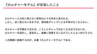 『カルチャーモデル』が目指したこと
カルチャーとは目に見えない空気のような存在と言われる。
しかし、目に見えないままでは、期待値ギャップによる不幸はなくならない。
カルチャーを可視化できれば、こうしたギャップはなくなるのではないか。
カルチャーを設計し、言語化し、組織に浸透するにはどうしたらよいのだろうか。
この難題に挑戦するのが、本書『カルチャーモデル』である。
11
 