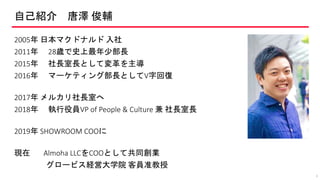 自己紹介 唐澤 俊輔
2005年 日本マクドナルド 入社
2011年 28歳で史上最年少部長
2015年 社長室長として変革を主導
2016年 マーケティング部長としてV字回復
2017年 メルカリ社長室へ
2018年 執行役員VP of People & Culture 兼 社長室長
2019年 SHOWROOM COOに
現在 Almoha LLCをCOOとして共同創業
グロービス経営大学院 客員准教授
3
 