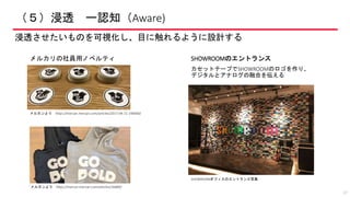 （５）浸透 ー認知（Aware)
浸透させたいものを可視化し、目に触れるように設計する
37
メルカリの社員用ノベルティ SHOWROOMのエントランス
カセットテープでSHOWROOMのロゴを作り、
デジタルとアナログの融合を伝える
メルカンより https://mercan.mercari.com/articles/2017-04-11-190000/
メルカンより https://mercan.mercari.com/articles/16889/
SHOWROOMオフィスのエントランス写真
 