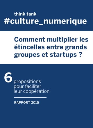 propositions
pour faciliter
leur coopération
Comment multiplier les
étincelles entre grands
groupes et startups ?
RAPPORT 2015
think tank
 