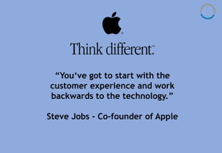“You‘ve got to start with the
customer experience and work
backwards to the technology.”
Steve Jobs - Co-founder of Apple
 