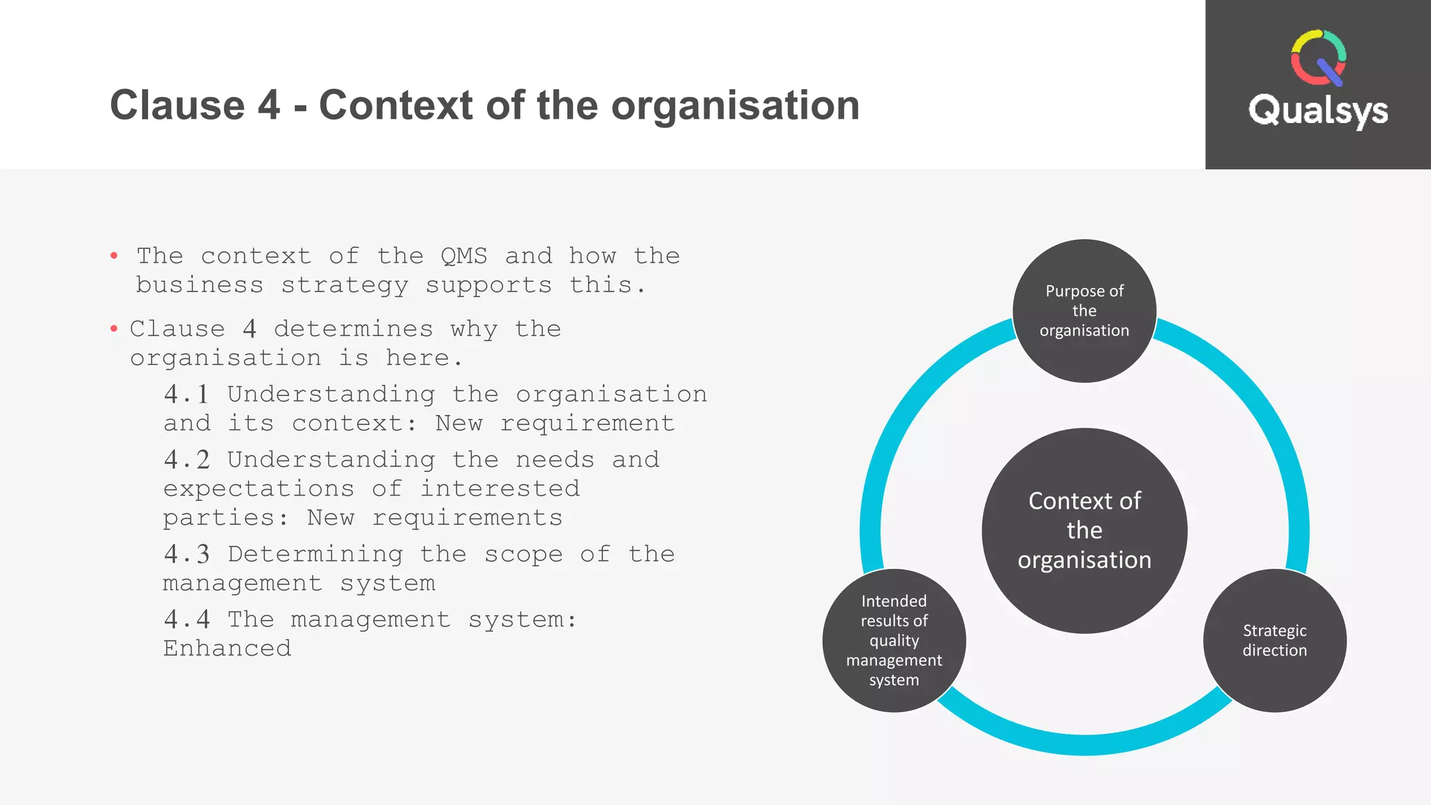 Clause 4 - Context of the organisation
• The context of the QMS and how the
business strategy supports this.
• Clause 4 determines why the
organisation is here.
4.1 Understanding the organisation
and its context: New requirement
4.2 Understanding the needs and
expectations of interested
parties: New requirements
4.3 Determining the scope of the
management system
4.4 The management system:
Enhanced
Context of
the
organisation
Purpose of
the
organisation
Strategic
direction
Intended
results of
quality
management
system
 