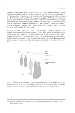 36 THEORY ON DEMAND
that was both metaphysical and physical as the limit of the technology of imaging.94
So, the
mirror in the Arnolfini couple functions both as an eye and a window to the outside world, or
in Alberti’s definition of perspective – as finestra aperta. Contrasting two definitions of space,
the ideal Renaissance space and, in this case, unreal non-perspectival space, he was dwelling
on ideal space descriptions, which were far more perfect than representations of the couple,
more reminiscent of two dolls with large pin heads than humanoids. The clash of Euclidean
and non-Euclidian space appears as if speaking of a new metaphysics, the mirror-metaphysics
of the world. In such metaphysics, it is indeed a parallel reality that exists, still not mimicking
the same qualities as this side of the world.
There are parts of the room which only one space-description provides, as details in, let’s
name it, Arnolfini’s space and details in painter’s space. These spaces, according to a curved
mirror are divided by a wall and a painter observes the room through the door. But, painter’s
space conflicts Arnolfini’s orthogonal space laid out in front of the painter. Two distinct places
and two perspectives appear as twinned ontological realities, so it is not only that viewers see
different views of the same scene but face a doubled, matrixed, interpretation of the same
room.
Graph 1 – Spacing in Jan Van Eyck’s Arnolfini couple. The room in the painting is divided by a wall. Along the artist,
a person that is physically not there in the first place is reflected in the mirror. This person may be the viewer who
watches the scene. The viewer cannot be behind the artist as he does not see the artist from the back.
94 According to Panofsky, his depiction of space was still not geometrically correct. Panofsky, Jan van
Eyck’s Arnolfini Portrait.
 