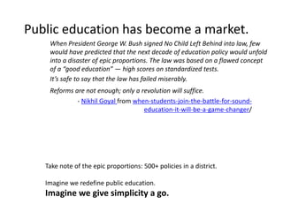 Public education has become a market.
When President George W. Bush signed No Child Left Behind into law, few
would have p...