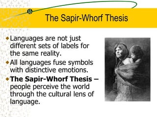 The Sapir-Whorf Thesis
Languages are not just
different sets of labels for
the same reality.
All languages fuse symbols
with distinctive emotions.
The Sapir-Whorf Thesis –
people perceive the world
through the cultural lens of
language.
 