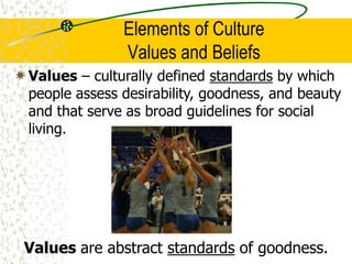 Elements of Culture
Values and Beliefs
Values – culturally defined standards by which
people assess desirability, goodness, and beauty
and that serve as broad guidelines for social
living.
Values are abstract standards of goodness.
 