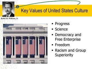 Key Values of United States Culture
 Progress
 Science
 Democracy and
Free Enterprise
 Freedom
 Racism and Group
Superiority
Robin M. Williams, Jr.
 