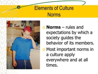 Elements of Culture
Norms
o Norms – rules and
expectations by which a
society guides the
behavior of its members.
o Most important norms in
a culture apply
everywhere and at all
times.
 
