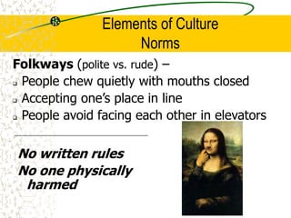 Elements of Culture
Norms
Folkways (polite vs. rude) –
 People chew quietly with mouths closed
 Accepting one’s place in line
 People avoid facing each other in elevators
No written rules
No one physically
harmed
 
