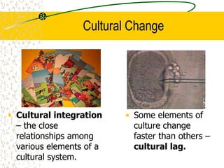 Cultural Change
• Cultural integration
– the close
relationships among
various elements of a
cultural system.
• Some elements of
culture change
faster than others –
cultural lag.
 