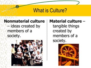 What is Culture?
Nonmaterial culture
– ideas created by
members of a
society.
Material culture –
tangible things
created by
members of a
society.
 