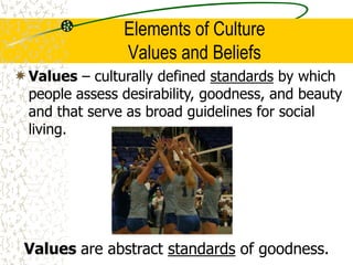 Elements of Culture
Values and Beliefs
Values – culturally defined standards by which
people assess desirability, goodness...