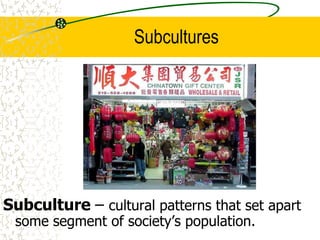 Subcultures
Subculture – cultural patterns that set apart
some segment of society’s population.
 
