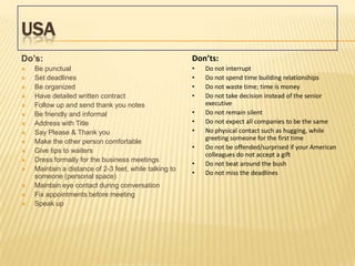 USA
Do’s:                                                   Don’ts:
   Be punctual                                         •   Do not interrupt
   Set deadlines                                       •   Do not spend time building relationships
   Be organized                                        •   Do not waste time; time is money
   Have detailed written contract                      •   Do not take decision instead of the senior
   Follow up and send thank you notes                      executive
   Be friendly and informal                            •   Do not remain silent
   Address with Title                                  •   Do not expect all companies to be the same
   Say Please & Thank you                              •   No physical contact such as hugging, while
                                                            greeting someone for the first time
   Make the other person comfortable
                                                        •   Do not be offended/surprised if your American
   Give tips to waiters
                                                            colleagues do not accept a gift
   Dress formally for the business meetings
                                                        •   Do not beat around the bush
   Maintain a distance of 2-3 feet, while talking to
                                                        •   Do not miss the deadlines
    someone (personal space)
   Maintain eye contact during conversation
   Fix appointments before meeting
   Speak up
 