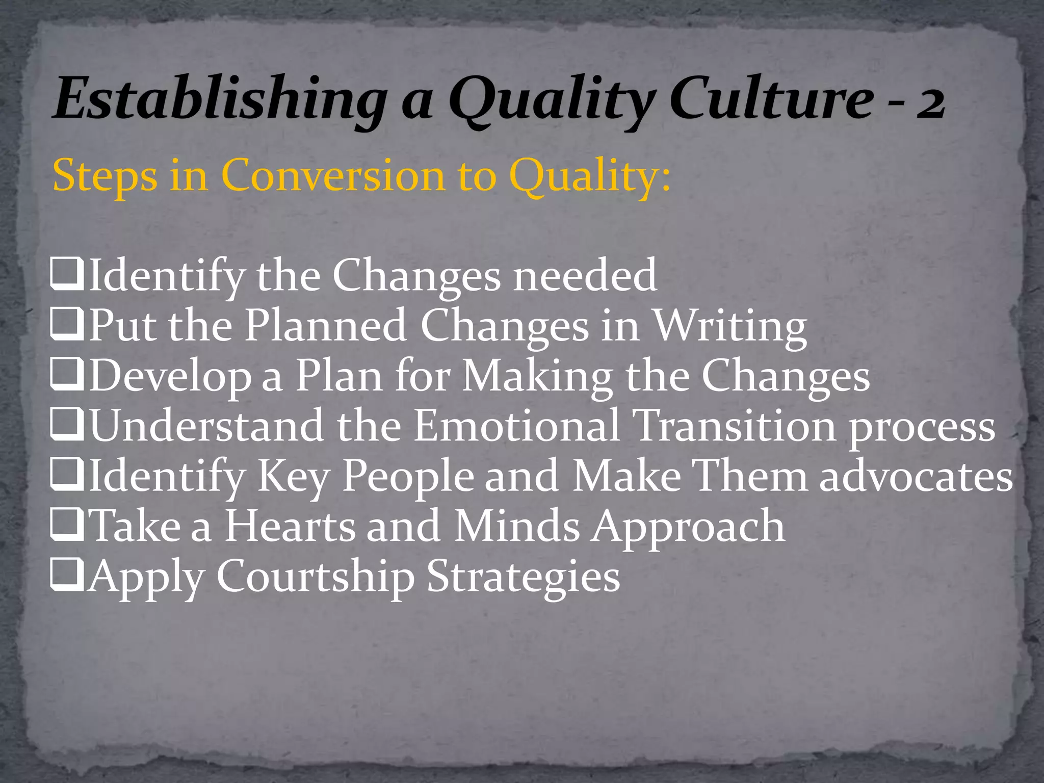 Levels of CultureArtifacts      Aspects of an organization’s culture that      you see, hear, and feel.Beliefs  The understandings of how objects and   ideas relate to each other.Values  The stable, long-lasting beliefs about what   is important.Assumptions   The taken-for-granted notions of how   something should be in an organization.