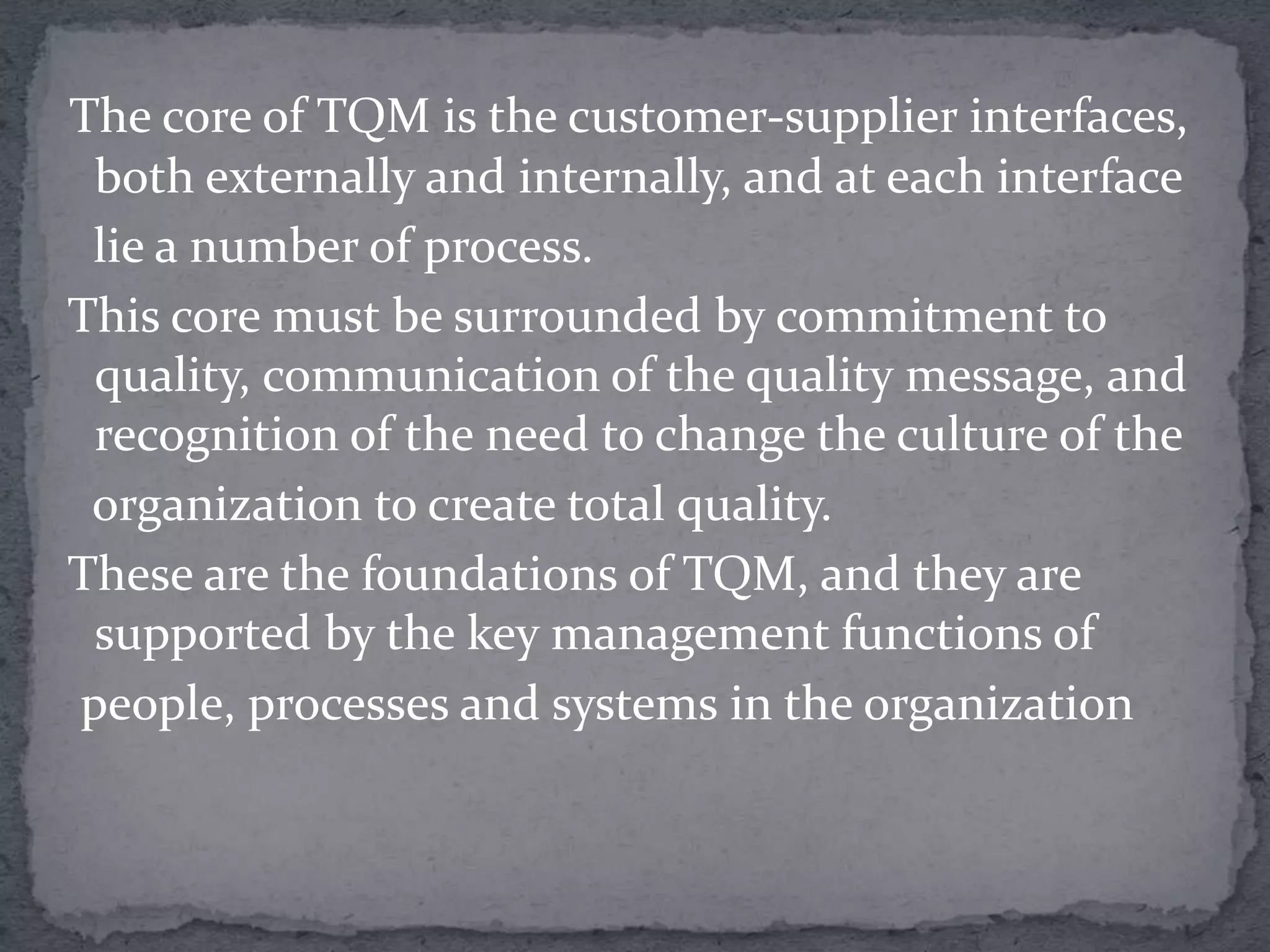 What is quality?A frequently used definition of quality is “Delighting the customer by fully meeting their needs andexpectations”. These may include performance, appearance, availability, delivery, reliability, maintainability, cost effectiveness and price. It is, therefore, imperative that the organization knows what these needs and expectations are. In addition, having identified them, the organization must understand them, and measureits own ability to meet them.
