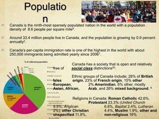Populatio
           n
Canada is the ninth-most sparsely populated nation in the world with a population
density of 8.6 people per square mile8.

Around 33.4 million people live in Canada, and the population is growing by 0.9 percent
annually2.

Canada’s per-capita immigration rate is one of the highest in the world with about
250,000 immigrants being admitted yearly since 20067.

                                     Canada has a society that is open and relatively
                          free of    social class distinctions50.

                                     Ethnic groups of Canada include; 28% of British
                          Isles      origin, 23% of French origin, 15% other
                          European,            2% Amerindian, 6% other, mostly
                          Asian, African,      Arab, and 26% mixed background. 8

                                     Religions in Canada; Roman Catholic 42.6%,
                                              Protestant 23.3% (United Church
                          9.5%, Anglican               6.8%, Baptist 2.4%, Lutheran
                          2%), other Christian         4.4%, Muslim 1.9%, other and
                          unspecified 11.8%,           non-religious 16%
 