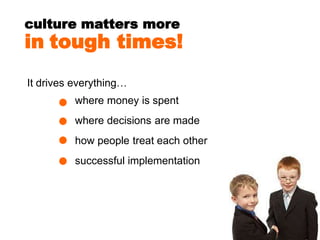 culture matters more
in tough times!
It drives everything…
where money is spent
where decisions are made
how people treat each other
successful implementation
 