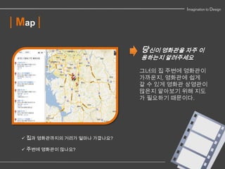 Imagination to Design


| Map |

                              당신이 영화관을 자주 이
                              용하는지 알려주세요

                              그녀의 집 주변에 영화관이
                              가까운지, 영화관에 쉽게
                              갈 수 있게 영화관 상영관이
                              많은지 알아보기 위해 지도
                              가 필요하기 때문이다.




   집과 영화관까지의 거리가 얼마나 가깝나요?

   주변에 영화관이 많나요?
 