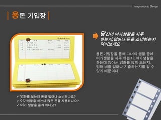 Imagination to Design


| 용돈 기입장 |
                              당신이 여가생활을 자주
                              하는지,얼마나 돈을 소비하는지
                              적어보세요

                             용돈기입장을 통해 그녀의 생활 중에
                             여가생활을 자주 하는지, 여가생활을
                             하는데 있어서 영화를 많이 보는지,
                             영화 비를 얼마나 지출하는지를 알 수
                             있기 때문이다.




   영화를 보는데 돈을 얼마나 소비하나요?
   여가생활을 하는데 많은 돈을 사용하나요?
   여가 생활을 즐겨 하나요?
 