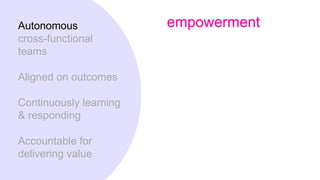 Autonomous,
cross-functional
teams
Aligned on outcomes
Continuously learning
& responding
Accountable for
delivering value
empowerment
 