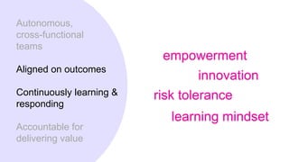 Autonomous,
cross-functional
teams
Aligned on outcomes
Continuously learning &
responding
Accountable for
delivering value
empowerment
innovation
risk tolerance
learning mindset
 
