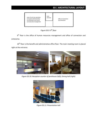 03 | ARCHITECTURAL LAYOUT
Figure 03.9: 9th
floor
9th
floor is the office of human resources management and office of connection and
enterprise.
10th
floor is the benefit and administrative office floor. The main meeting room is placed
right at the entrance.
Figure 03.10: Reception counter of penthouse (left); Dining hall (right)
Figure 03.11: Presentation hall
 