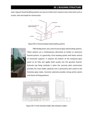 05 | BUILDING STRUCTURE
mats. Gypsum board building systems are easy to install and it requires only a few tools such as
screws, nails and staple for construction.
Figure 05.4: Structural glass balustrading systems
TNB Headquarters also used structural glass balustrading systems.
These systems are a contemporary alternative to timber or aluminum
framed systems. It is generally a free standing system with fewer vertical
or horizontal supports. It requires the bottom of the tempered glass
panel to be fully and rigidly fixed usually into the grouted channel.
Concrete top fixing methods is when the concrete deck construction
provides the most stable substrate and is particularly well suited to the
frameless glass styles. Concrete substrate provides strong anchor points
and choice of fixing positions.
Figure 05.3: Front elevation (left); Side elevation (right)
 