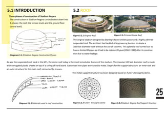 25
5.1 INTRODUCTION 5.2 ROOF
Diagaram 5.1.11111111111111111111111111111111111
Figure 5.2.2222222222222222222
Diagram 5.2.111111111111111111111111111111111111 Figure 5.2.33333333333333333333333333 Figure 5.2.333333333333333333333333333333333333333
Figure 5.2.111111111111111
Three phases of construc�on of Stadium Negara
The construc�on of Stadium Negara can be broken down into
3 phases: the roof, the terrace levels and the ground ﬂoor
(arena level).
The original stadium designed by Stanley Edward Jewkes possessed a highly admired
suspended roof. The architect had tackled all engineering barriers to devise a
300-foot diameter roof without the use of columns. This splendid roof turned out to
have a limited lifespan as it had to be redone 20 years[1962-1982] a�er its construc-
�on due to water leakage.
The metal support structure has been designed based on Fuller’s tensegrity dome.
As was the suspended roof back in the 60’s, the dome roof today is the most remarkable feature of the stadium. The massive 100 feet diameter roof is made
with corrugated plas�c sheets on top of a ceiling of hard board. Galvanised iron pipes were used to make 2 layers for the support structure: an inner roof and
an outer structure for the main roof, connected by trusses.
 