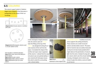 38
6.5 COLUMNS
F111 111 11ft, 11 1111k1111 21111111,
Figure 6.5.111111111111111111111111111111
1111111111111
Figure 6.5.222222222222222222
Figure 6.5.3333333333333333333333333
Figure 6.5.4
111111
Diagram 6.5.1111111111111111111111111111111
1111111111
Diagram 6.5.222222222222222222222222222
22222222222222222222222222
The column support system in Stadium
Negara were shaped so that they were in
juxtaposi�on to the shape of their sur-
roundings.
In the rectangular-shaped entrance
hall, the columns were all circular,
even the ﬁ�ng at the top of the
column was designed to bring the cir-
cular essence of the roof into this
space. It emulated the shape of the
old ﬂat roof. Upon closer inspec�on
of theof the column, I no�ced that the origi-
nal column was not painted yellow, it
was covered with dark grey mosaic
�les which suited the surrounding
color scheme be�er.
Solid �mber columns installed around the
arena supports the ceiling and beams.
These columns act as both structural
column and decora�ve column. The place-
ment of columns was accurately measured
so they do not look closely packed which
might obstruct the penetra�on of natural
liglight into the arena. Instead of using cylin-
der column which suits the circular building
massing, rectangular prism column was
chosen to give the visitors a sense of stabili-
ty and secure.
Figure 6.5.5
 