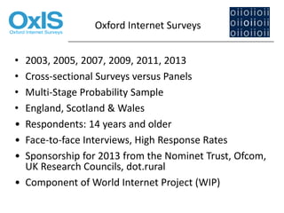 Oxford Internet Surveys
•
•
•
•
•
•
•

2003, 2005, 2007, 2009, 2011, 2013
Cross-sectional Surveys versus Panels
Multi-Stage Probability Sample
England, Scotland & Wales
Respondents: 14 years and older
Face-to-face Interviews, High Response Rates
Sponsorship for 2013 from the Nominet Trust, Ofcom,
UK Research Councils, dot.rural
• Component of World Internet Project (WIP)

 