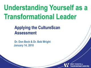 Understanding Yourself as a Transformational Leader Applying the CultureScan Assessment  Dr. Don Beck & Dr. Bob Wright January 14, 2010 