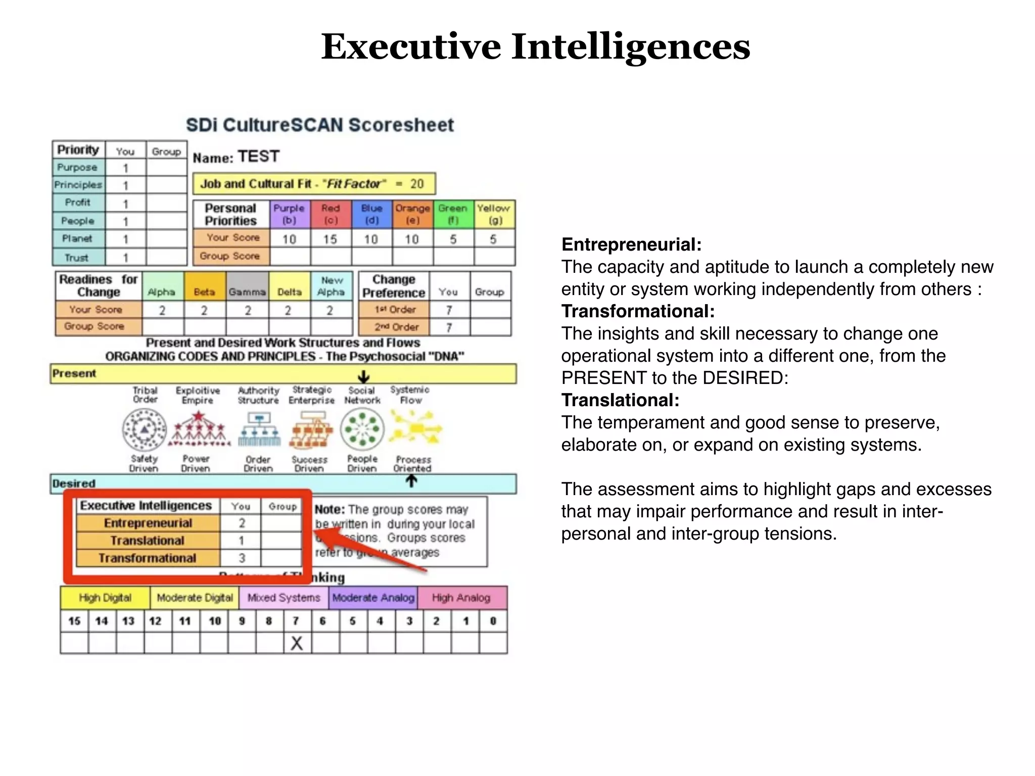 Executive Intelligences




            Entrepreneurial:
            The capacity and aptitude to launch a completely new
            entity or system working independently from others :
            Transformational:
            The insights and skill necessary to change one
            operational system into a different one, from the
            PRESENT to the DESIRED:
            Translational:
            The temperament and good sense to preserve,
            elaborate on, or expand on existing systems.

            The assessment aims to highlight gaps and excesses
            that may impair performance and result in inter-
            personal and inter-group tensions.
 