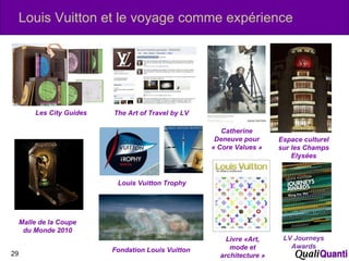 Louis Vuitton et le voyage comme expérience Les City Guides Louis Vuitton Trophy The Art of Travel by LV Malle de la Coupe du Monde 2010 Livre «Art, mode et architecture » Espace culturel sur les Champs Elysées Catherine Deneuve pour « Core Values » Fondation Louis Vuitton LV Journeys Awards 