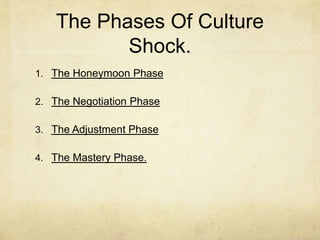 The Phases Of Culture Shock.The Honeymoon PhaseThe Negotiation PhaseThe Adjustment PhaseThe Mastery Phase.