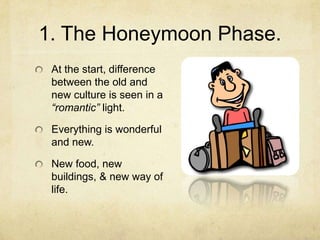 1. The Honeymoon Phase.At the start, difference between the old and new culture is seen in a “romantic” light.Everything is wonderful and new.New food, new buildings, & new way of life.