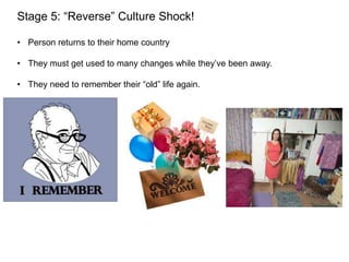 Stage 5: “Reverse” Culture Shock!
• Person returns to their home country
• They must get used to many changes while they’ve been away.
• They need to remember their “old” life again.
 