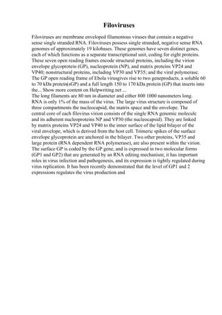 Filoviruses
Filoviruses are membrane enveloped filamentous viruses that contain a negative
sense single stranded RNA. Filoviruses possess single stranded, negative sense RNA
genomes of approximately 19 kilobases. These genomes have seven distinct genes,
each of which functions as a separate transcriptional unit, coding for eight proteins.
These seven open reading frames encode structural proteins, including the virion
envelope glycoprotein (GP), nucleoprotein (NP), and matrix proteins VP24 and
VP40; nonstructural proteins, including VP30 and VP35; and the viral polymerase.
The GP open reading frame of Ebola virusgives rise to two geneproducts, a soluble 60
to 70 kDa protein(sGP) and a full length 150 to 170 kDa protein (GP) that inserts into
the... Show more content on Helpwriting.net ...
The long filaments are 80 nm in diameter and either 800 1000 nanometers long.
RNA is only 1% of the mass of the virus. The large virus structure is composed of
three compartments the nucleocapsid, the matrix space and the envelope. The
central core of each filovirus virion consists of the single RNA genomic molecule
and its adherent nucleoproteins NP and VP30 (the nucleocapsid). They are linked
by matrix proteins VP24 and VP40 to the inner surface of the lipid bilayer of the
viral envelope, which is derived from the host cell. Trimeric spikes of the surface
envelope glycoprotein are anchored in the bilayer. Two other proteins, VP35 and
large protein (RNA dependent RNA polymerase), are also present within the virion.
The surface GP is coded by the GP gene, and is expressed in two molecular forms
(GP1 and GP2) that are generated by an RNA editing mechanism; it has important
roles in virus infection and pathogenesis, and its expression is tightly regulated during
virus replication. It has been recently demonstrated that the level of GP1 and 2
expressions regulates the virus production and
 