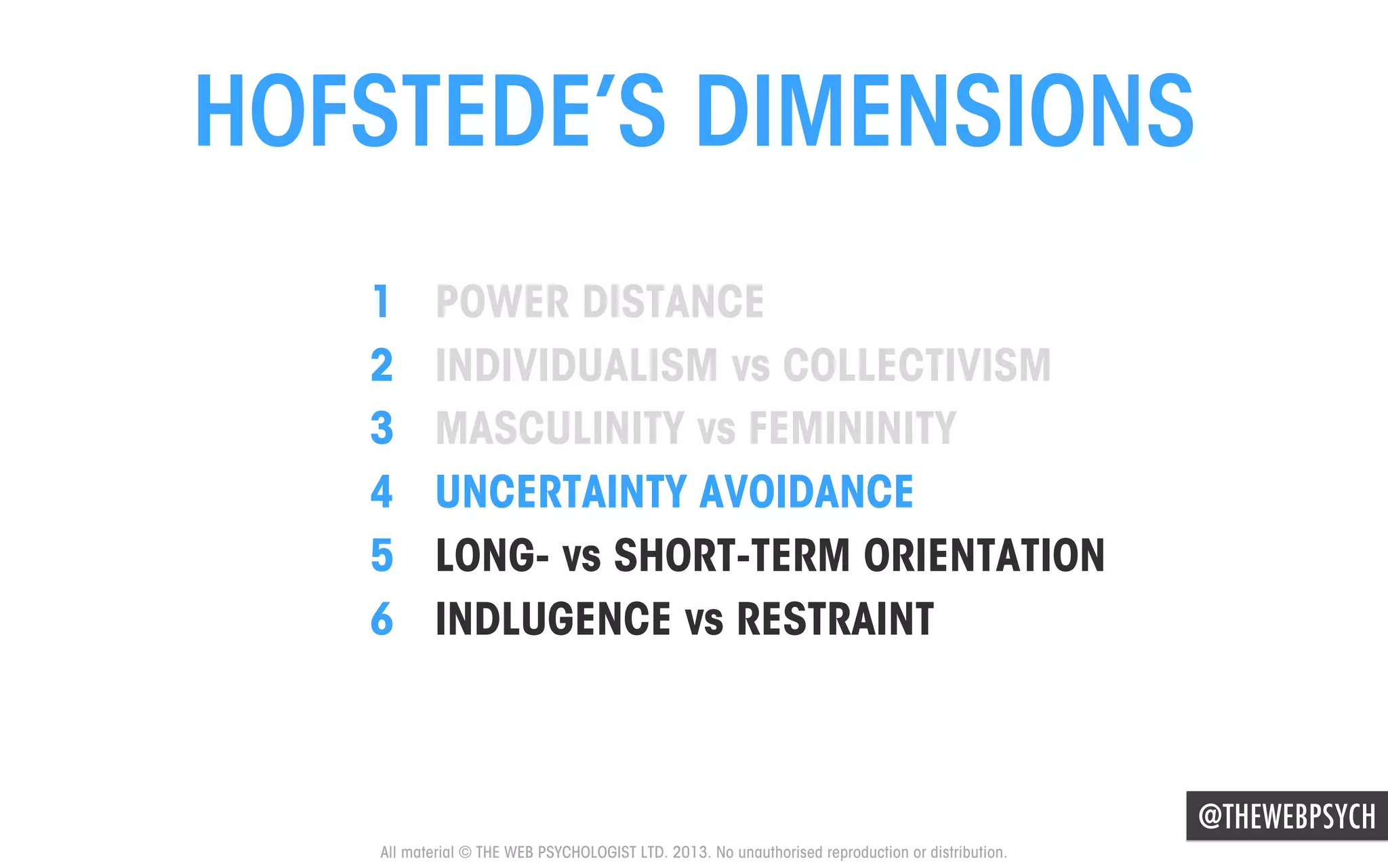 HOFSTEDE’S DIMENSIONS
1 
2 
3 
4 
5 
6 

POWER DISTANCE
INDIVIDUALISM vs COLLECTIVISM
MASCULINITY vs FEMININITY
UNCERTAINTY AVOIDANCE
LONG- vs SHORT-TERM ORIENTATION
INDLUGENCE vs RESTRAINT

@THEWEBPSYCH
All material © THE WEB PSYCHOLOGIST LTD. 2013. No unauthorised reproduction or distribution.

 