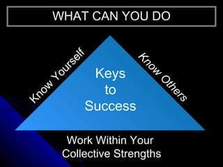 WHAT CAN YOU DO Keys to Success Know Yourself Know Others Work Within Your  Collective Strengths 