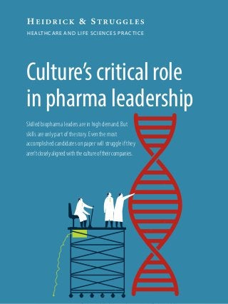 HEALTHCARE AND LIFE SCIENCES PRACTICE
Culture’s critical role
in pharma leadership
Skilled biopharma leaders are in high demand. But
skills are only part of the story. Even the most
accomplished candidates on paper will struggle if they
aren’tcloselyalignedwiththecultureoftheircompanies.
 