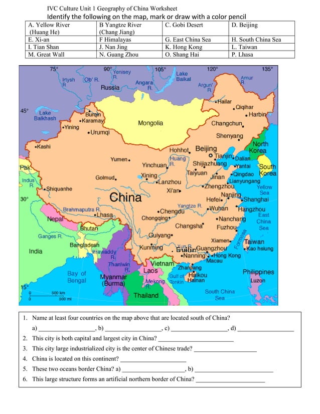 Culture study unit 1 Geography of China worksheet PDF